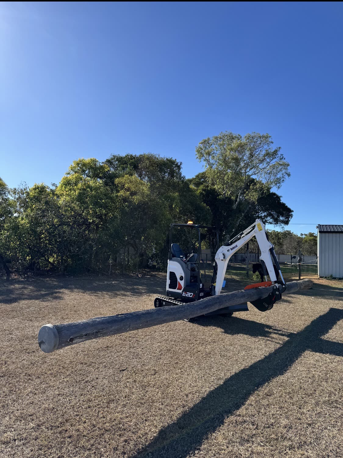 Bobcat E20z mini excavator lifting a timber pole with the hydraulic grab